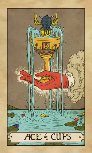 Ace of Cups: a red hand out of a cloud holding a golden chalice marked with a Bitcoin symbol, five streams pouring from it into a lily pond, a dove above it carrying a disc marked 10.