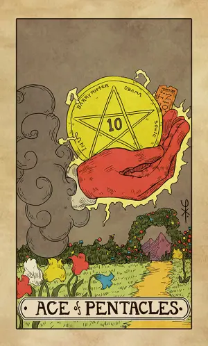 Ace of Pentacles: a red hand from a cloud holding a golden pentacle inscribed HARRYPOTTER, OBAMA, SONIC and INU around the rim with the number 10 at its centre, a flowering garden below.