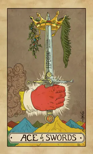 Ace of Swords: a red hand out of a cloud holding an upright sword, its blade engraved HPOS10I and SOON, a crown and wreath at the tip, a 10 on the guard, a Bitcoin coin at the pommel, and four differently coloured mountains behind.