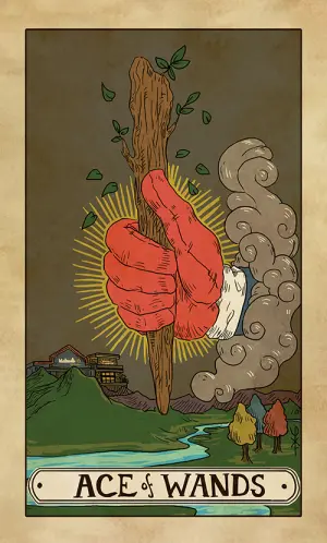 Ace of Wands: a red hand out of a cloud gripping a living branch that is still putting out leaves, a small settlement in the valley below.