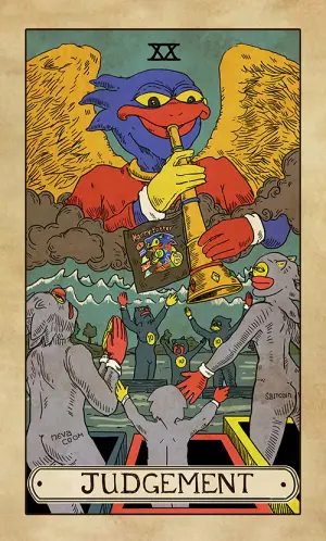 Judgement: a winged blue Sproto sounding a golden trumpet, a banner bearing the four-colour logo hanging from it, while grey figures below rise with their arms raised, one of them marked NEVA SOLD.