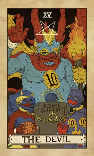 The Devil: a huge horned Sproto with a 10 medallion and a lit torch, inverted pentagram overhead, two smaller Sprotos chained to a block reading TICKER $BITCOIN, holding coins.