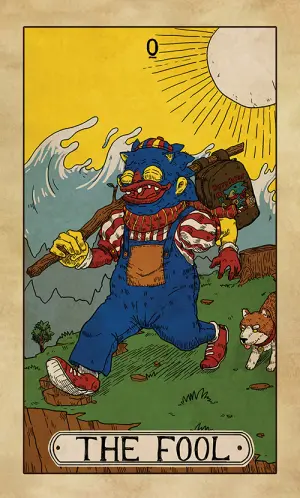 The Fool: a horned Sproto in dungarees and red high-tops steps off a cliff edge, bindle over one shoulder with a second Sproto's head inside it, a small dog at his heel, white sun overhead.