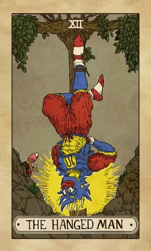 The Hanged Man: a blue Sproto hanging upside down from a living tree by one ankle, red and blue clothes, a yellow nimbus burning around his head, entirely calm.