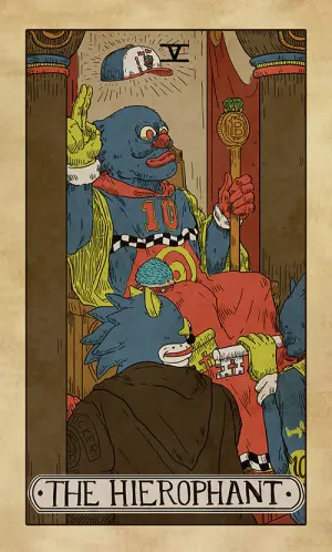 The Hierophant: a blue Sproto enthroned in vestments with a chequered stole and a 10 on his chest, one hand raised in blessing, a staff crowned with a Bitcoin symbol beside him, two smaller figures below.