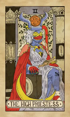 The High Priestess: a veiled Sproto enthroned between two lettered pillars, a scroll in her lap, a crescent moon at her feet, and a Bitcoin disc set between two horns above her head.
