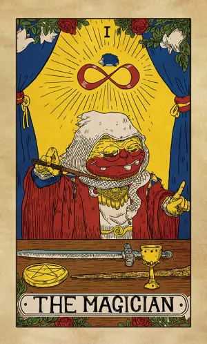 The Magician: a red-robed Sproto behind a table laid with a pentacle, a sword, a wand and a cup, one hand raised holding a wand and the other pointing down, a lemniscate above his head, roses and lilies around him.