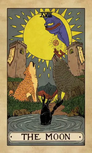 The Moon: a yellow moon with a blue Sproto face in profile holding out a small gold coin, two lettered towers, two dogs howling, a dark creature climbing out of the water onto a path.