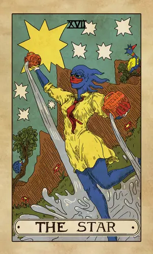 The Star: a blue Sproto in yellow kneels between land and water, pouring from two vessels, a great eight-pointed star and seven smaller stars above, a bird in a tree.