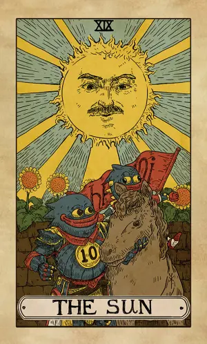 The Sun: a great sun with a human face, and beneath it two Sprotos riding one horse — the front one wearing a 10 medallion, the one behind carrying a red banner — past sunflowers and a low wall.