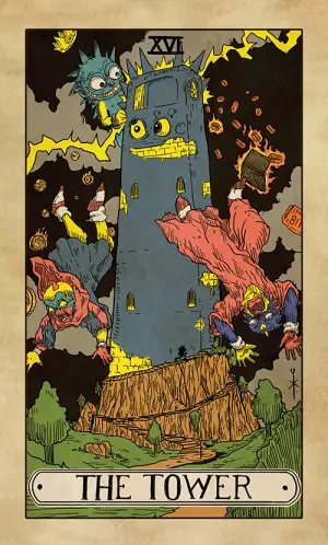 The Tower: lightning strikes a grey tower whose upper storey is a Sproto face, its golden crown blown off, coins and a burning screen flying through the smoke, three figures falling.