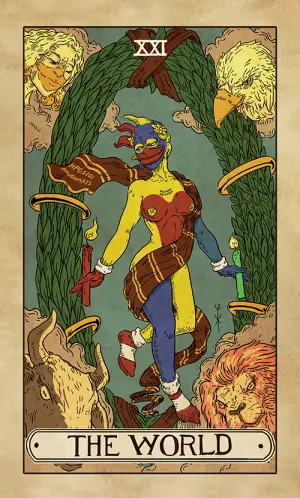 The World: a Sproto dancing inside a green wreath, wands in each hand, with a man, an eagle, a bull and a lion at the four corners.