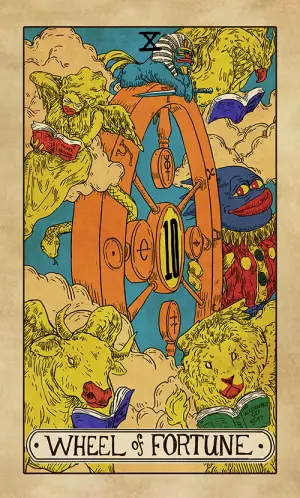 Wheel of Fortune: a great orange ship’s wheel with the number 10 at its hub, a crowned Sproto above it, and a bull, a lion, an eagle and a man reading books at the four corners.